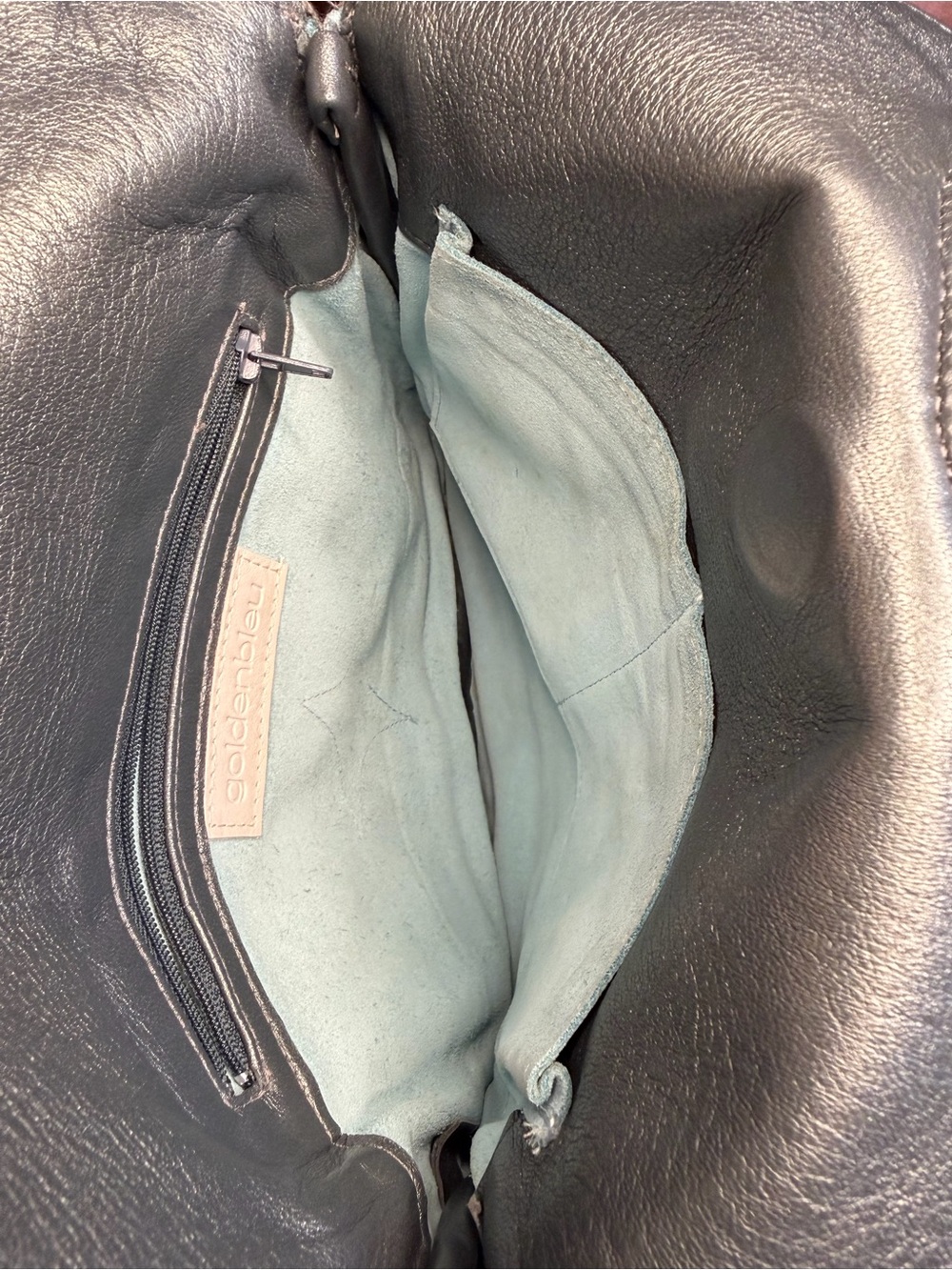 Goldenbleu Metallic Grey Leather Clutch Satchel Bag Suede Lining VGUC - Picture 6 of 7